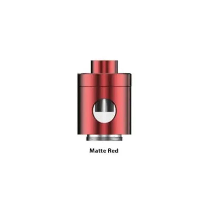 Cylindrical matte red metal vaping device or atomizer with a circular viewing window.