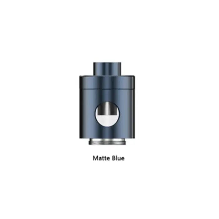 Cylindrical matte blue vaping device or atomizer with a circular viewing window.