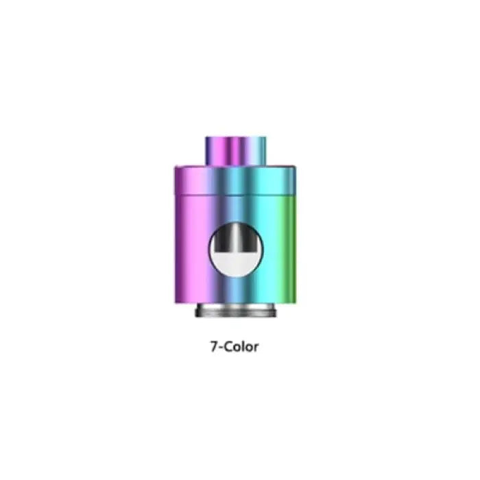 Cylindrical vaping device with a rainbow-colored metallic finish and a circular viewing window.