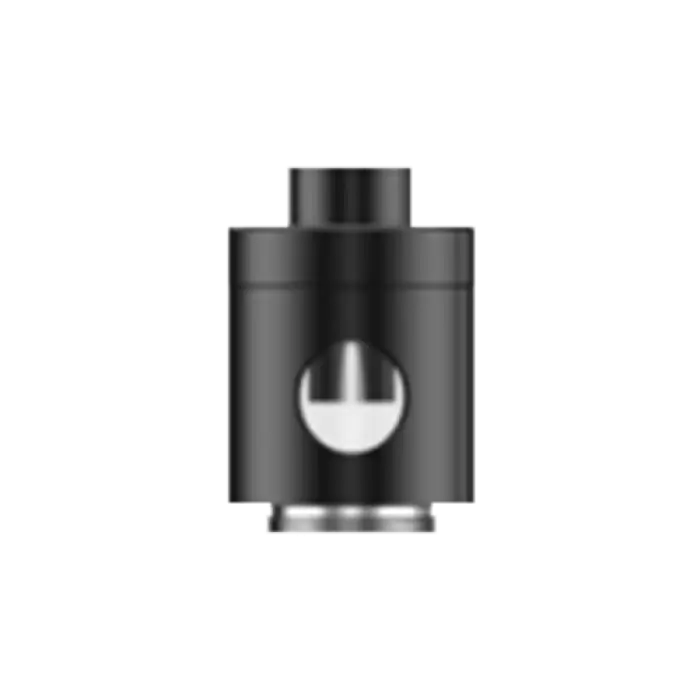 Black cylindrical vaping device or atomizer with a circular white logo.