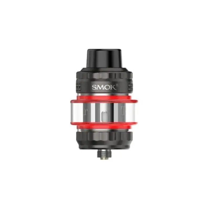 Vaping tank or atomizer with red accents, labeled ’SMOK’.