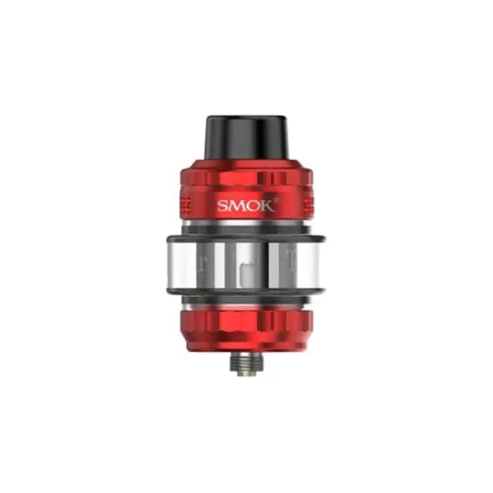 Red and silver vaping tank or atomizer with ’SMOK’ branding.