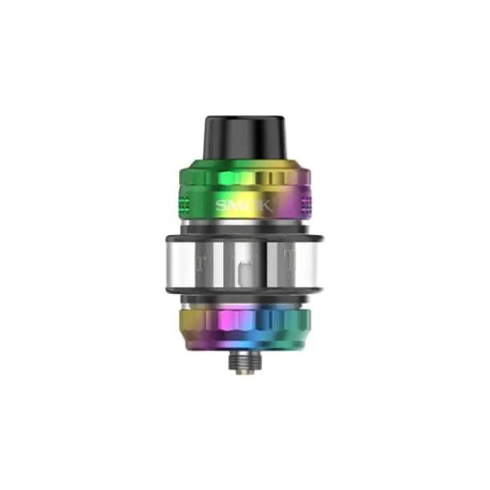 Colorful vaping tank or atomizer with a metallic body and rainbow-hued accents.