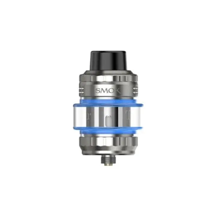 Cylindrical metal vaping tank or atomizer with blue accents.