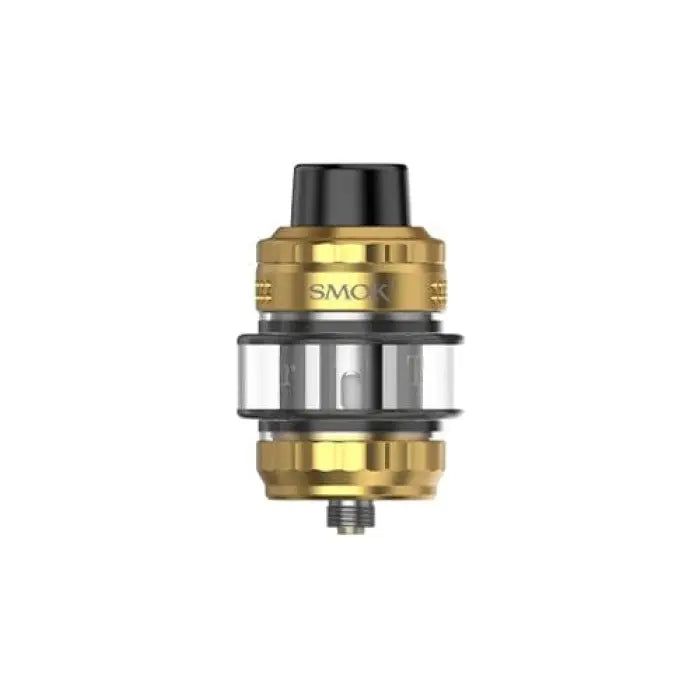 Gold and silver cylindrical vaping tank or atomizer with a black top cap.