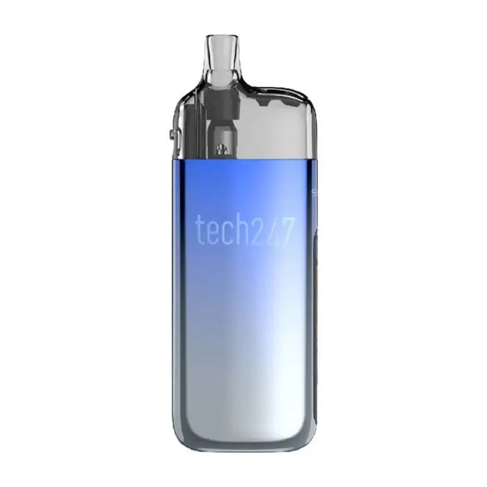 Sleek electronic vaping device with a blue-to-clear gradient body and ’tech2’’ branding.