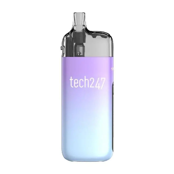 Sleek electronic vaping device with a purple-to-blue gradient body and ’tech247’’ branding.