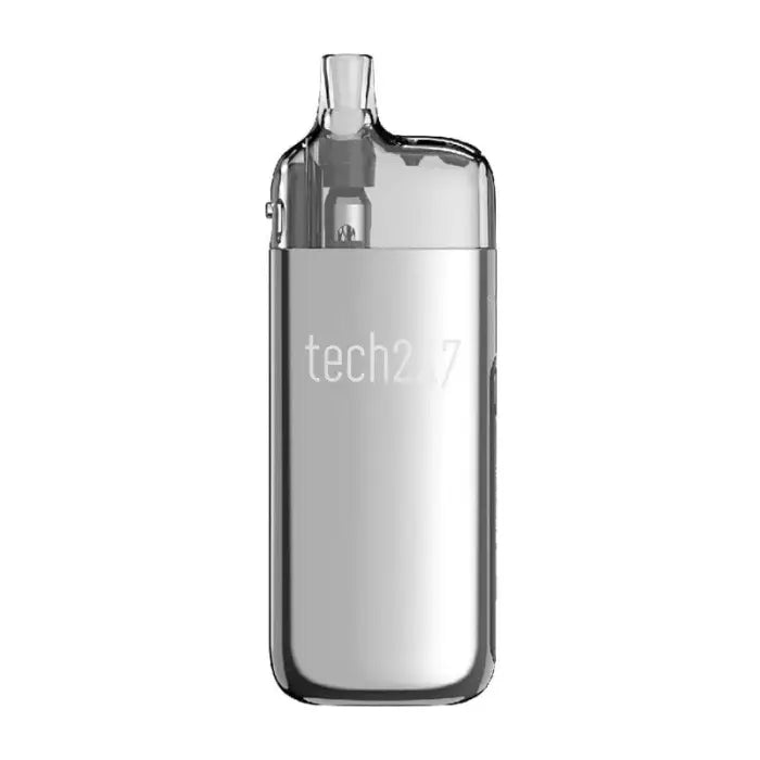 Sleek silver vaping device with ’tech’ branding on its body.