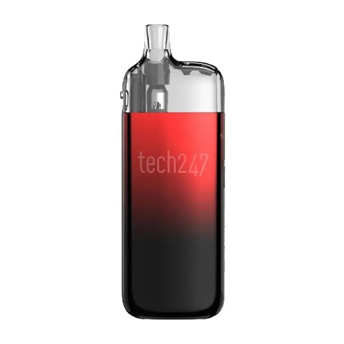 Sleek electronic vaping device with a red-to-black gradient body and clear mouthpiece.