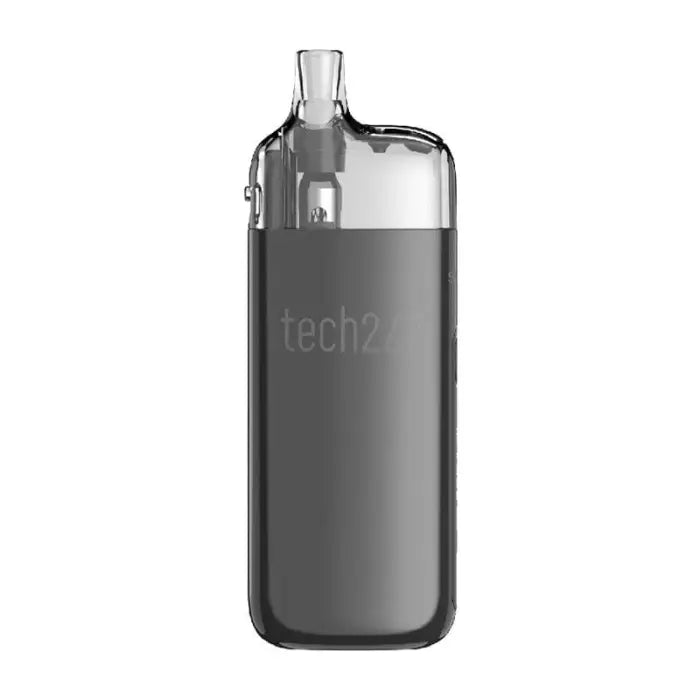 Sleek, gray electronic vaping device with a transparent mouthpiece.