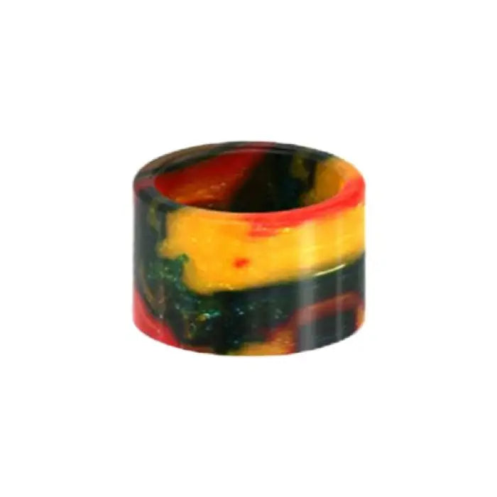 Colorful resin ring with swirled red, yellow, and green patterns.