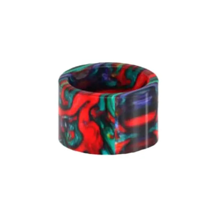 Colorful resin drip tip with swirling red, green, and blue patterns.