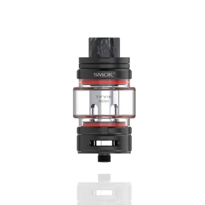 Vaping tank or atomizer with a glass section and red accents.