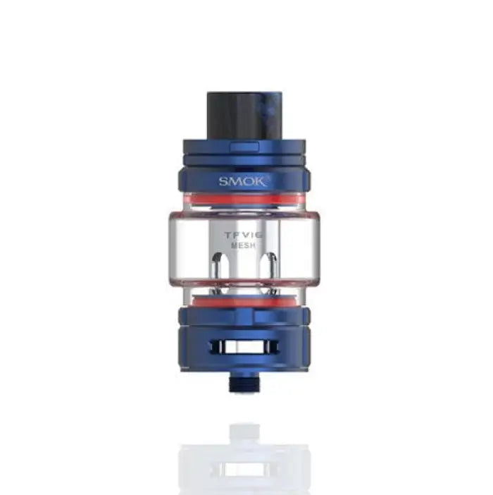 Vaping tank or atomizer with blue, red, and clear components, labeled ’SMOK’.