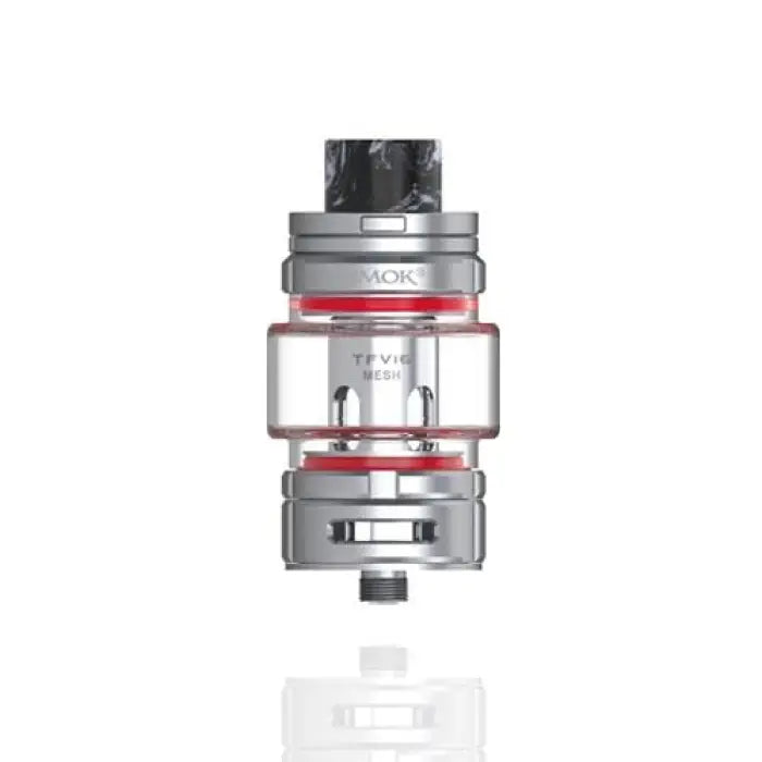 Cylindrical silver and clear vaping tank or atomizer with red accents.