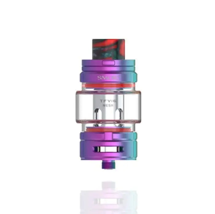 Colorful vaping tank or atomizer with a glass section and metallic rainbow finish.