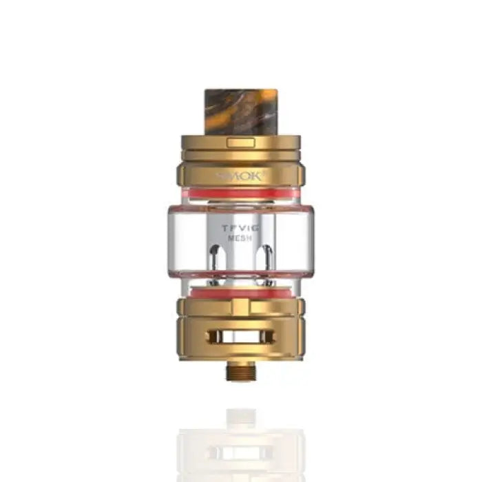 Gold and clear cylindrical vaping tank or atomizer with visible internal components.