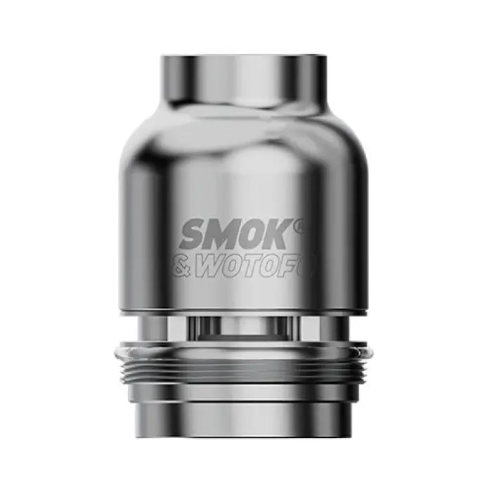 Metallic vaping atomizer or coil head with ’SMOK’ branding.