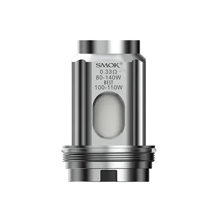 Metallic cylindrical vaping coil or atomizer head with visible specifications engraved on its surface.