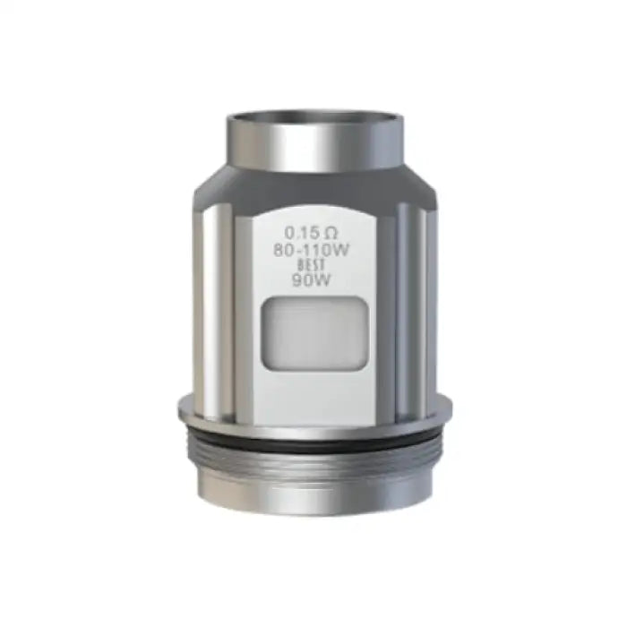 Metallic cylindrical vaping coil or atomizer head with visible specifications printed on its surface.