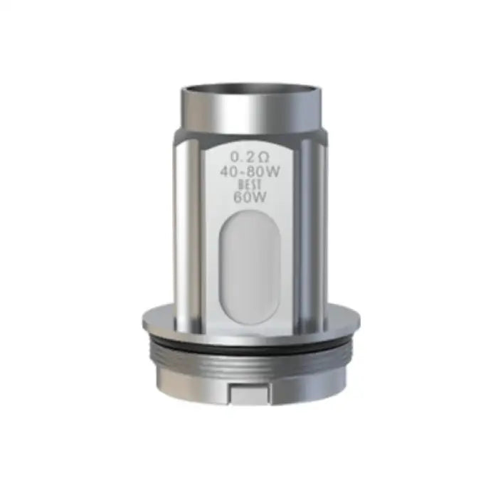 Metallic cylindrical vaping coil or atomizer head with visible specifications.