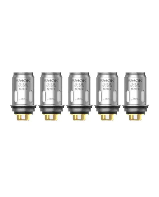 Five identical silver cylindrical vaping coils or atomizer heads arranged in a row.