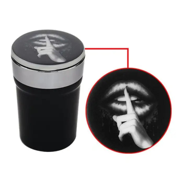 Black and silver travel mug with a ’shushing’ gesture image on the lid.