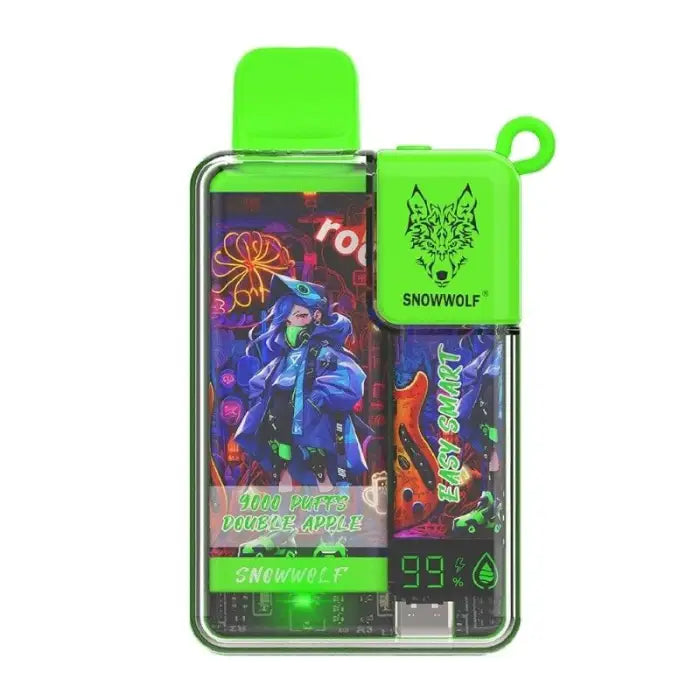 Bright green electronic vaping device with a colorful display screen.