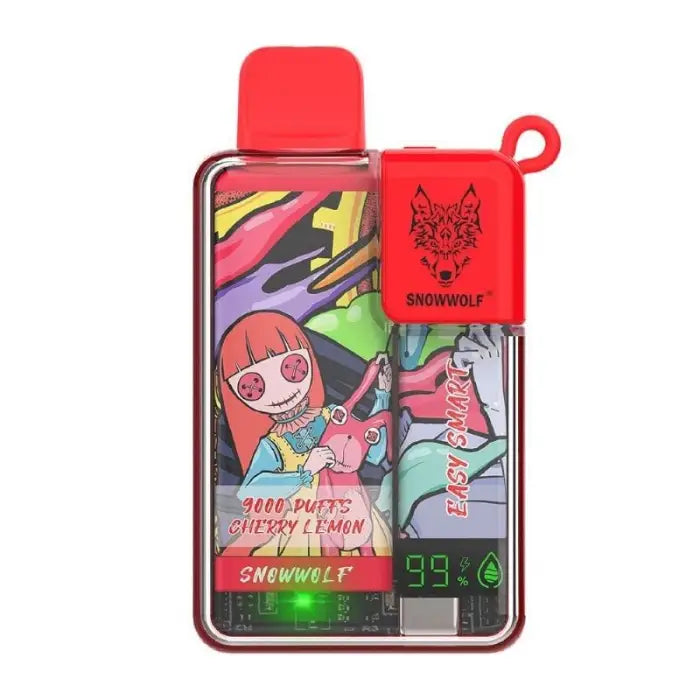 Red electronic vaping device with colorful cartoon graphics and a digital display.