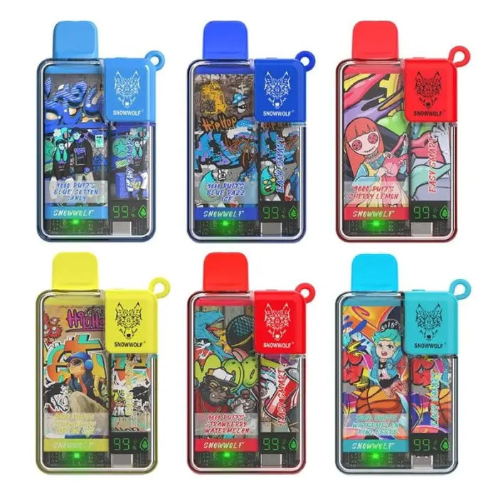 Colorful electronic vaping devices with cartoon-style graphics on their displays.