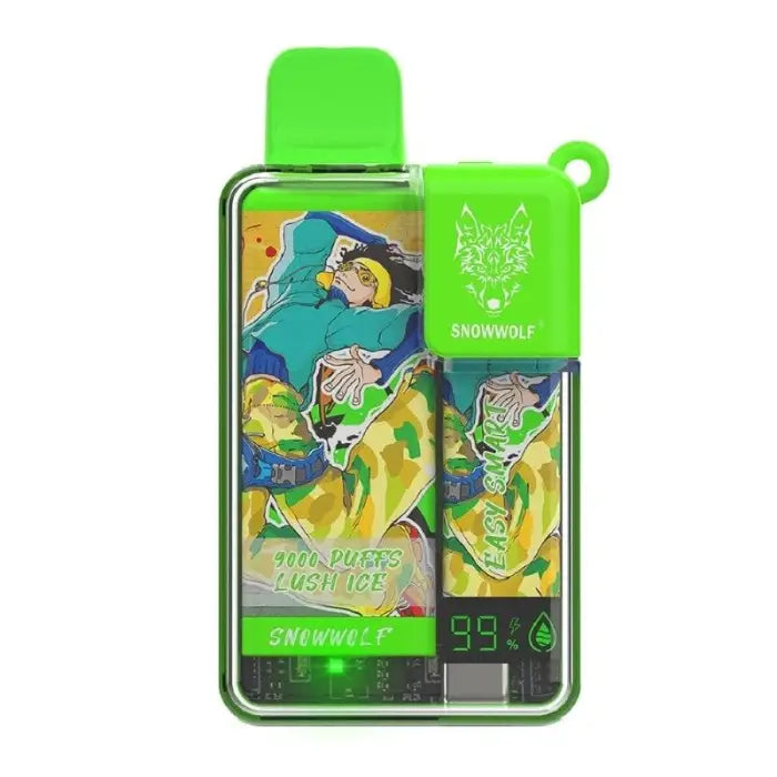 Bright green electronic vaporizer device with anime-style graphics and a digital display.