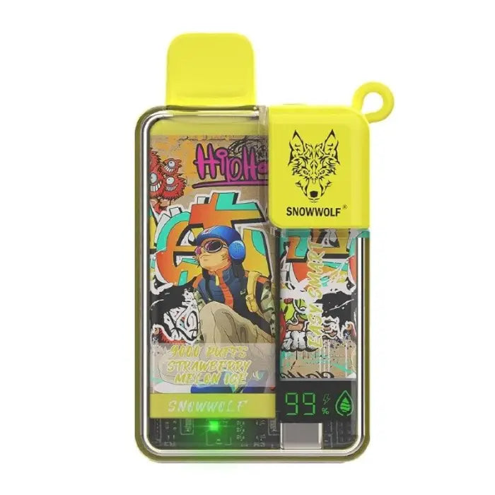 Colorful electronic vaping device with a bright yellow exterior and graphic designs.