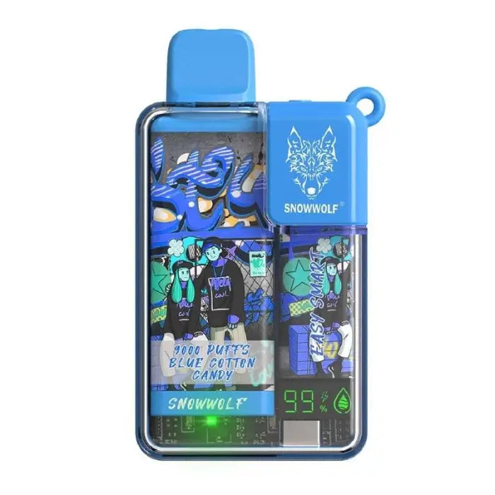 Electronic vaping device with a colorful display screen and blue casing.