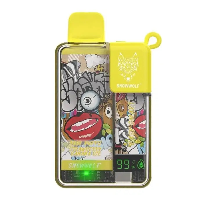 Yellow vape device with graffiti-style artwork and a digital display.