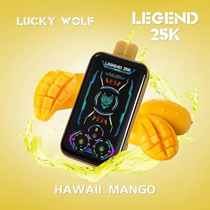 Electronic vaping device with a digital display screen surrounded by mango slices.