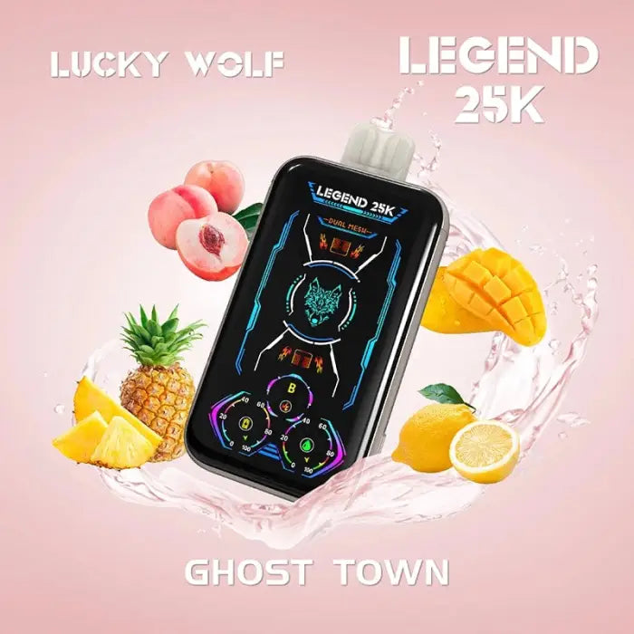 Electronic vaping device with a colorful digital display surrounded by various fruits.