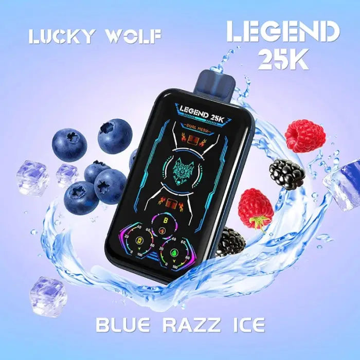 Electronic vaping device with a colorful display screen surrounded by berries and water splashes.