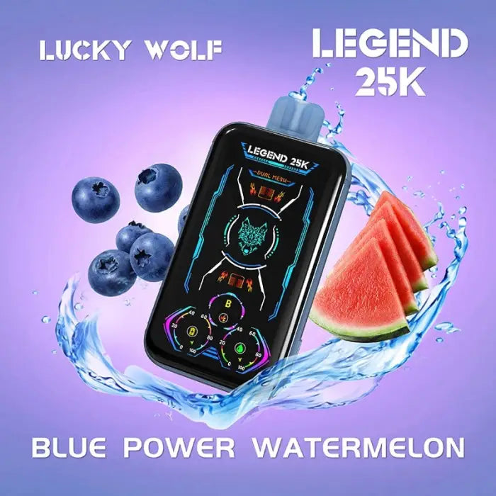 Vaping device with a digital display surrounded by blueberries and watermelon slices.