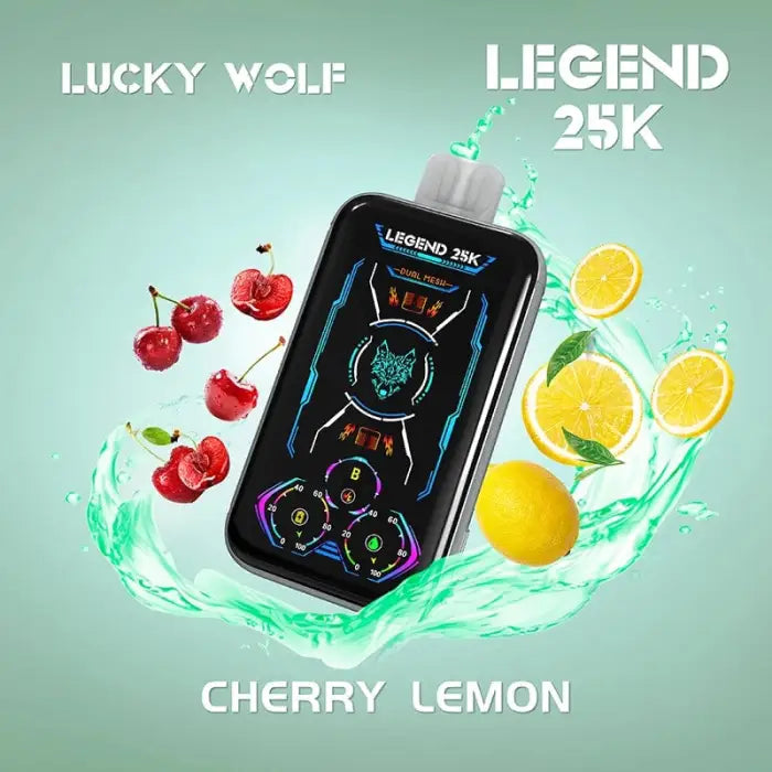 Electronic vaping device with a digital display screen, surrounded by cherries and lemon slices.