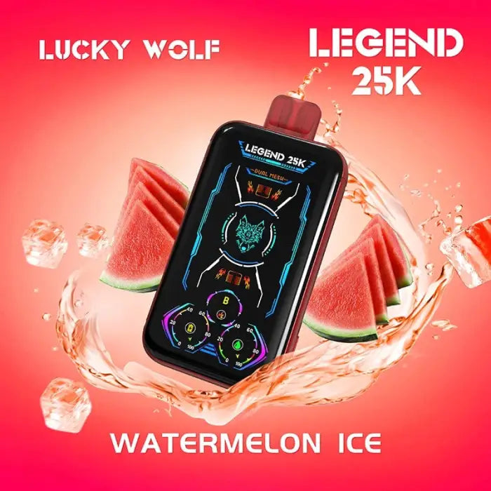 Electronic vaping device with a colorful digital display showing a wolf logo and ’Legend 25K’ text.