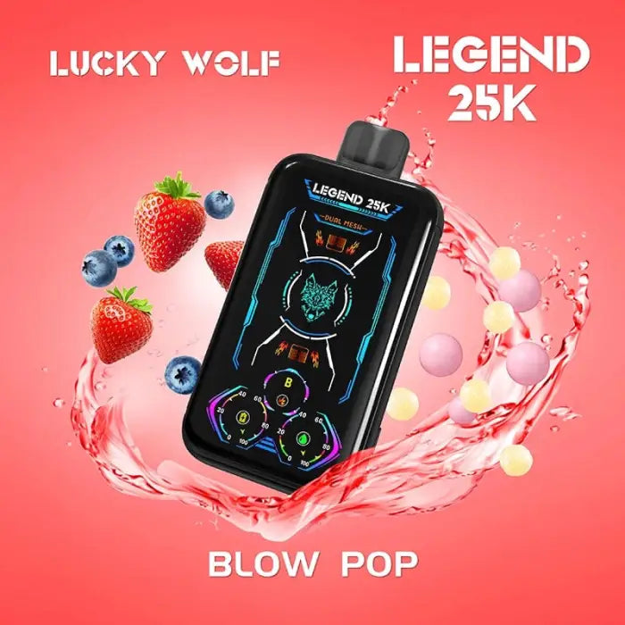 Electronic vaping device with a colorful digital display surrounded by fruit and liquid splashes.