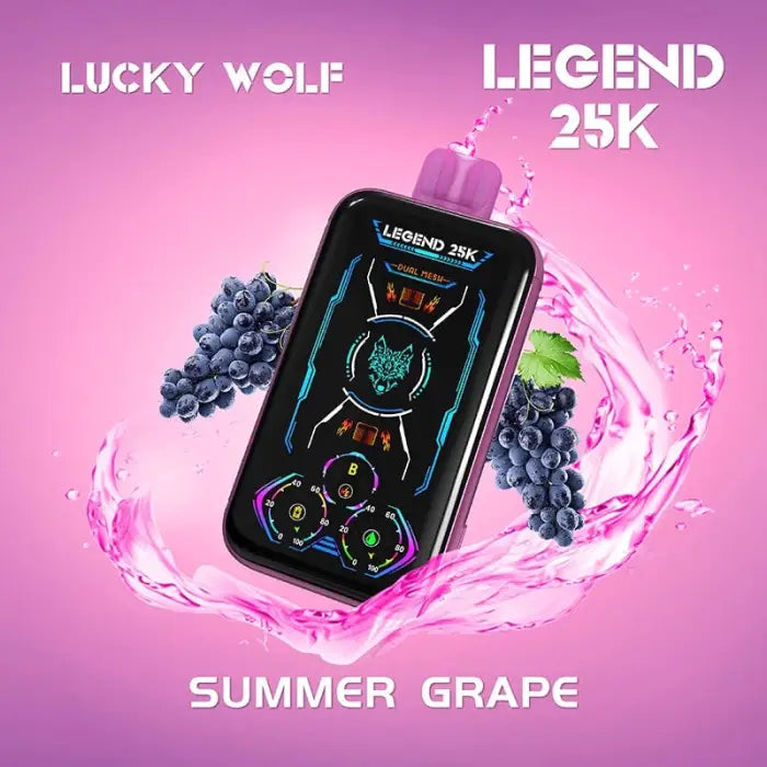 Electronic vaping device with a digital display showing a wolf logo and grape imagery.