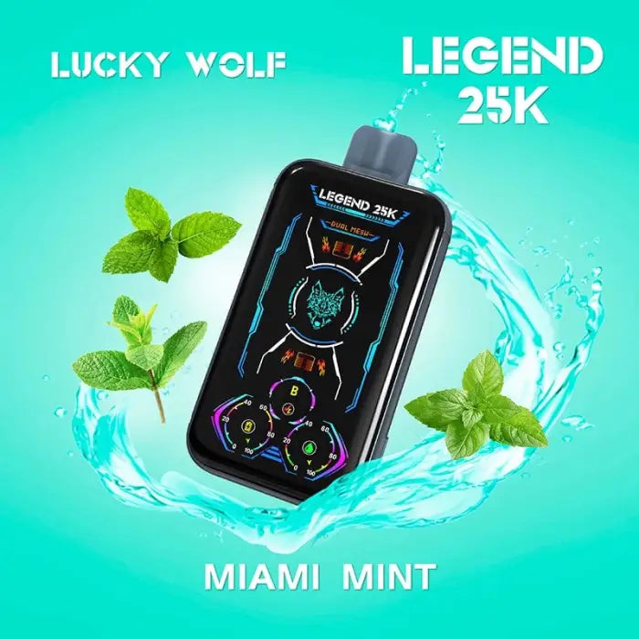 Electronic vaping device with a colorful digital display, labeled ’Lucky Wolf Legend 25K’ and ’Miami Mint’.