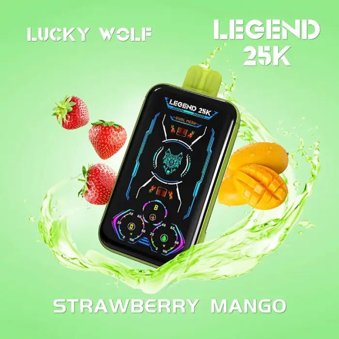 Electronic vaping device with a colorful display screen surrounded by strawberries and mango slices.