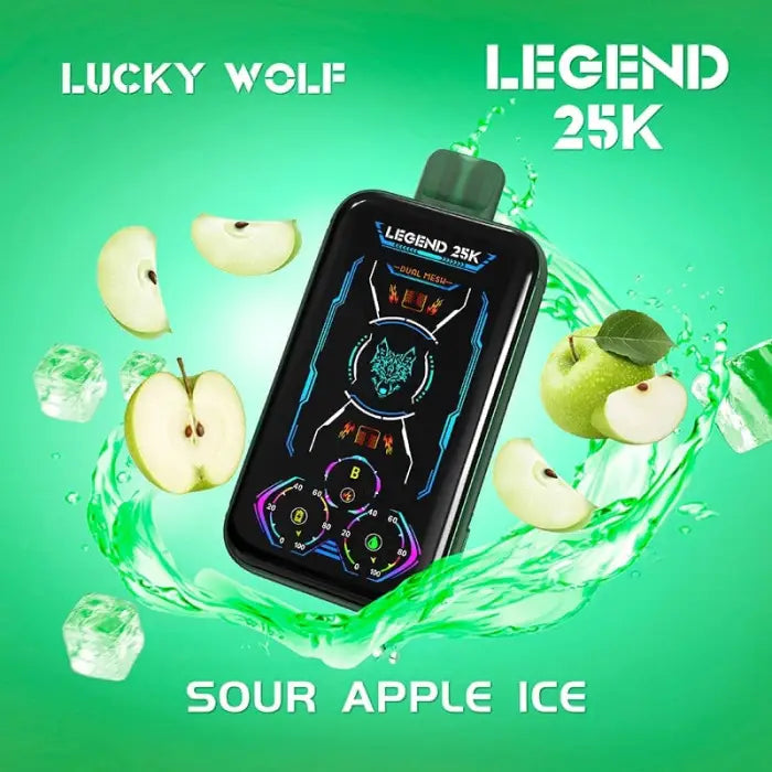 Electronic vaping device with a colorful display screen, labeled ’Lucky Wolf Legend 25K’.