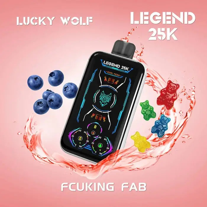 Electronic vaping device with a colorful digital display, surrounded by gummy bears and blueberries.