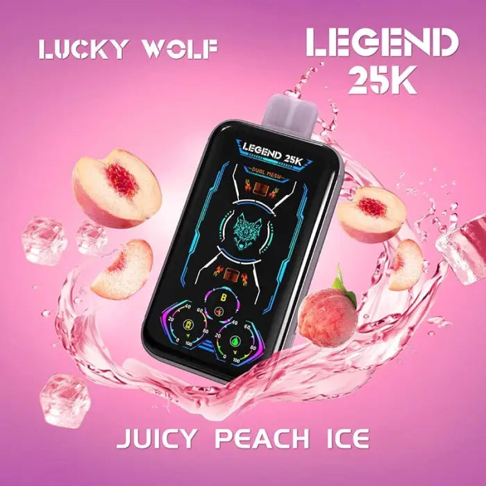 Electronic vaping device with a digital display screen surrounded by peach slices and ice cubes.