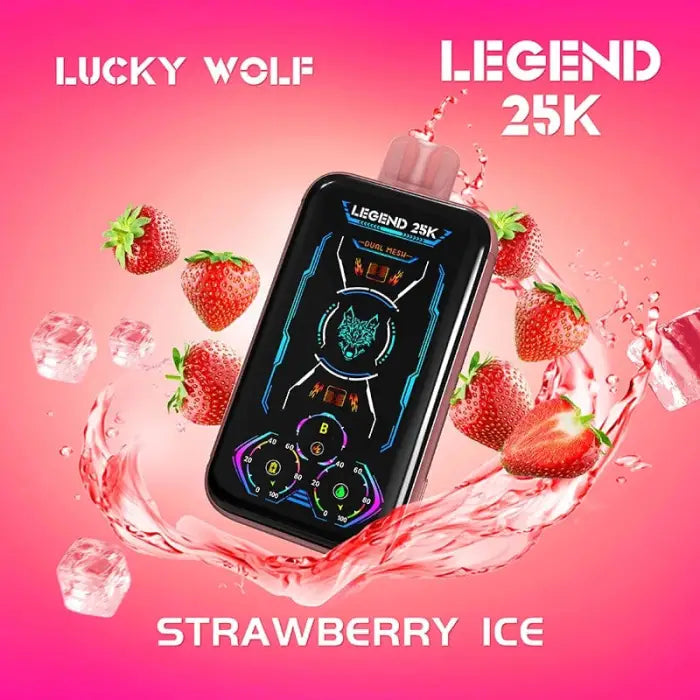 Electronic vaping device with a colorful digital display, labeled ’Lucky Wolf Legend 25K’.