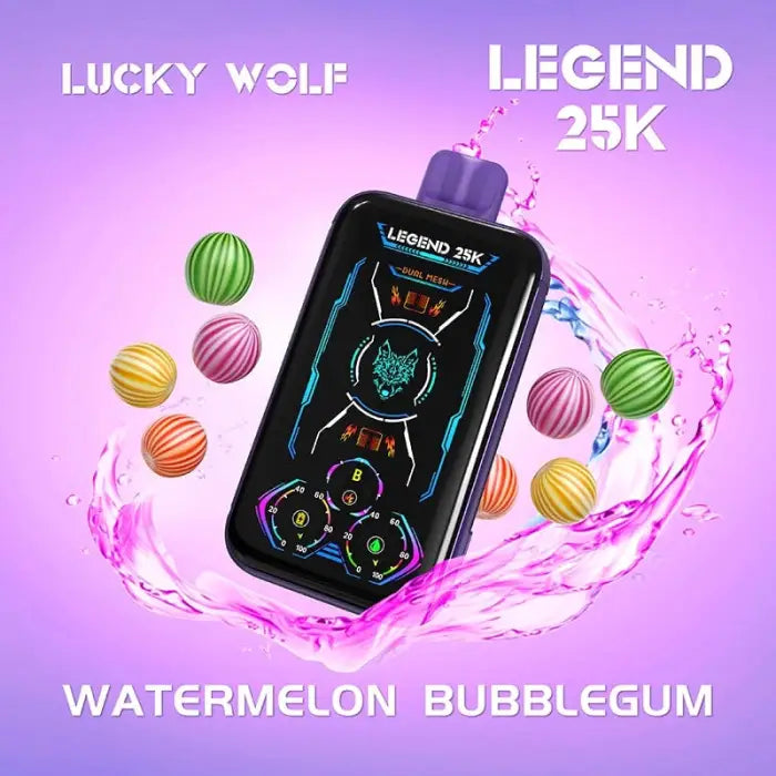 Electronic vaping device with a colorful display screen surrounded by candy-like spheres and a splash of liquid.