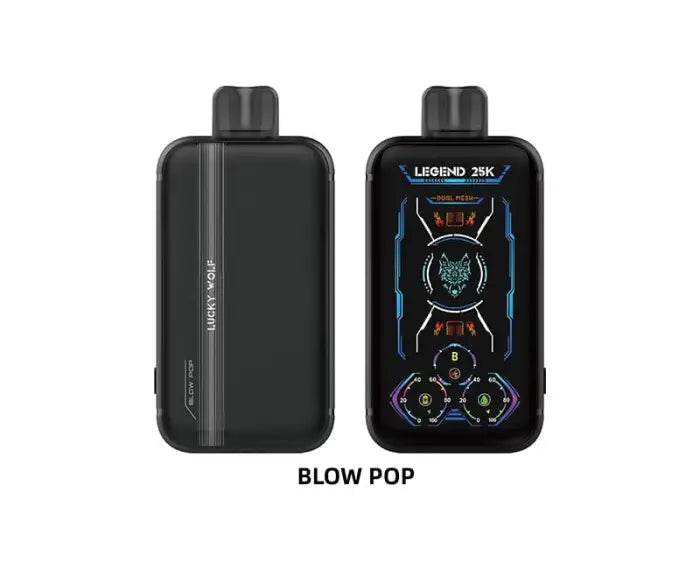 Compact electronic vaping device with a display screen showing colorful graphics.